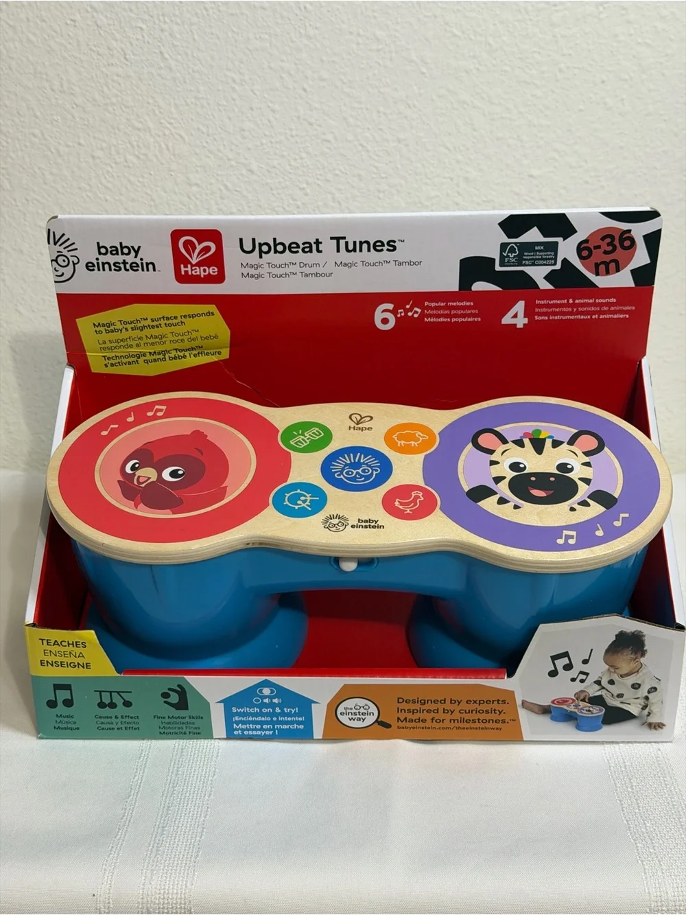 BABY EINSTEIN UPBEAT TUNES MAGIC TOUCH WOODEN DRUM​ MUSICAL TOY AGES 6-36 MONTHS
